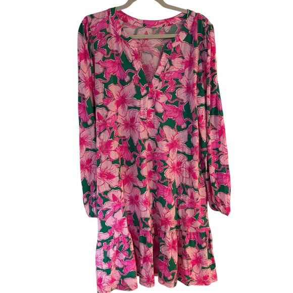 Lilly Pulitzer Alyssa Hibiscus Print Long Sleeve Split Neck Cotton Dress XL - Picture 2 of 7